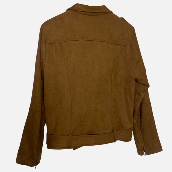 NWT Faux Suede Camel Moto Jacket Zip Belted Biker Style Epaulet Stretch Women L - Picture 8 of 8